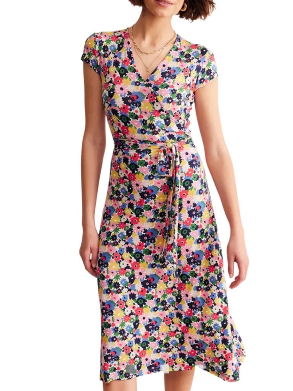 Boden Joanna Floral Print Wrap Dress US Sz 8R Cap Sleeve Jersey Knit Preppy